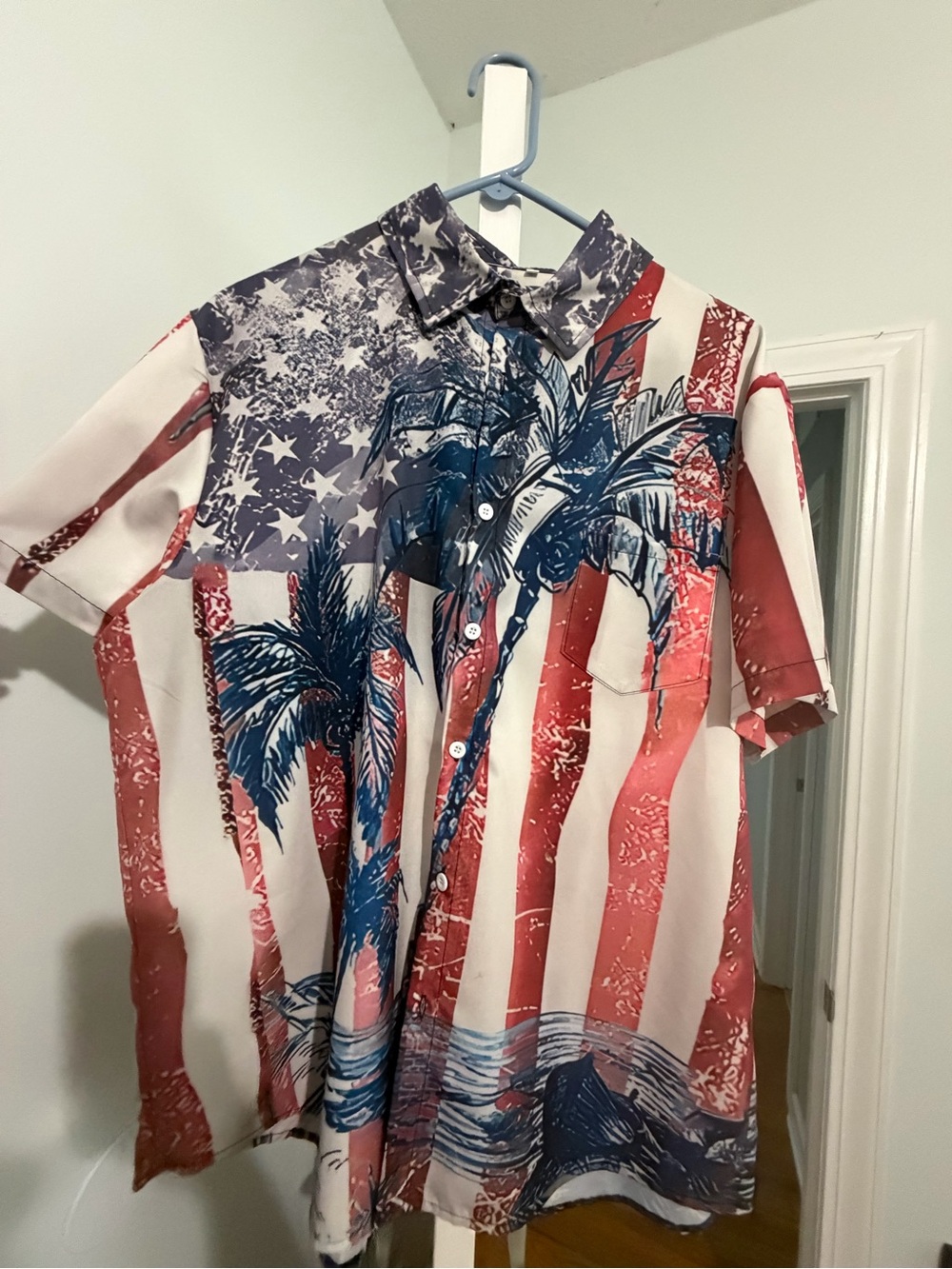 Red, White & Blue Palm-Print Short Sleeve Shirt